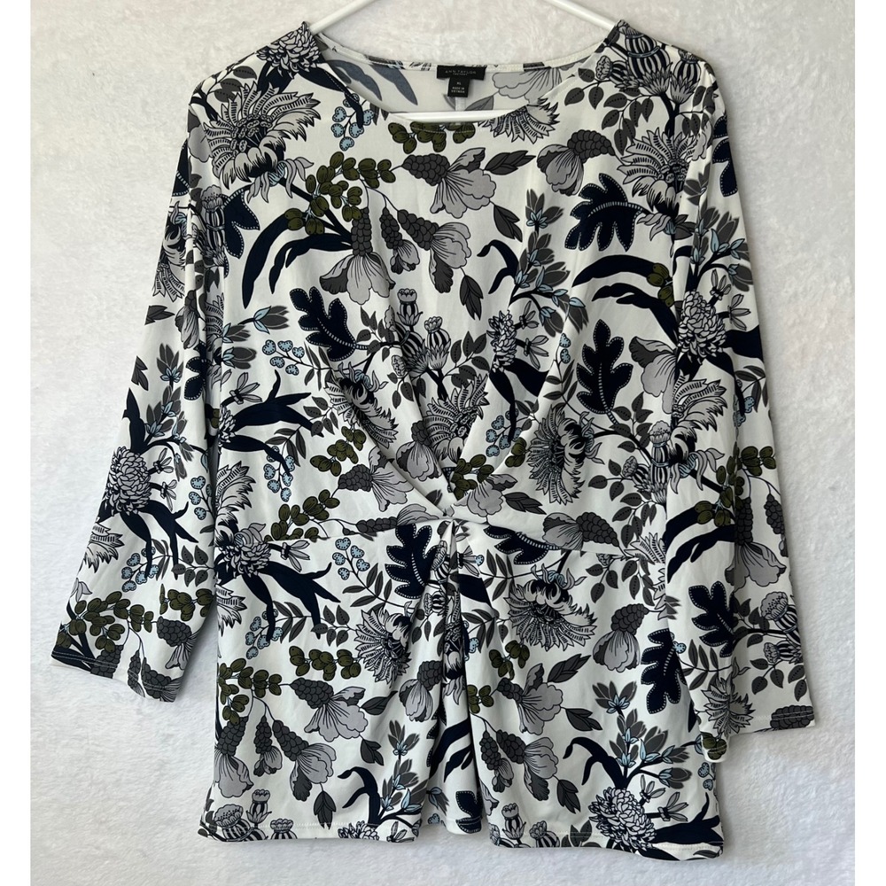 Ann Taylor Factory Floral Twist Front Blouse XL Olive Grey Navy 3/4 Sleeve Top